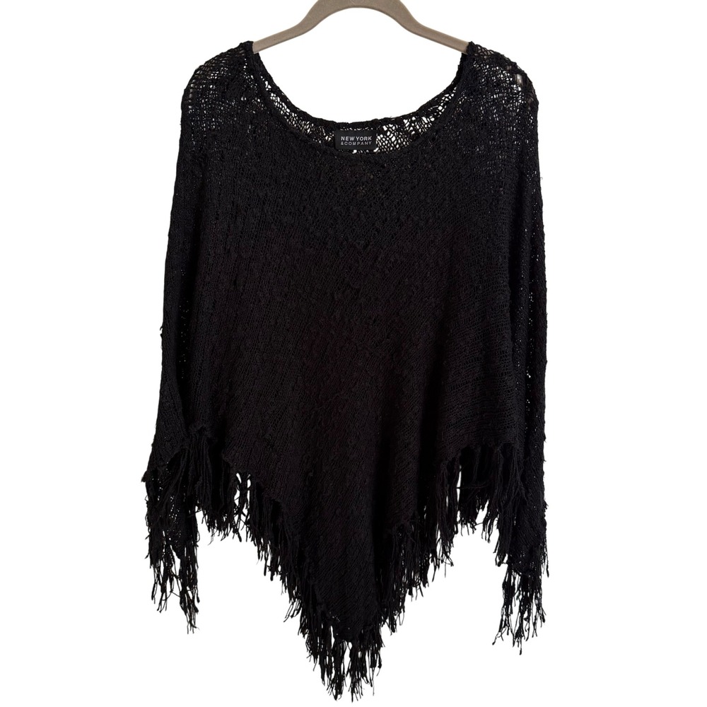 NY &‎ Co Black Open Knit Fringe Poncho Sweater OS Boho Wrap Shawl Beach Cover Up